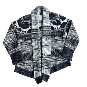 Cambridge Dry Goods Cardigan Shawl Open Front Black White Nordic Lambswool Sz L